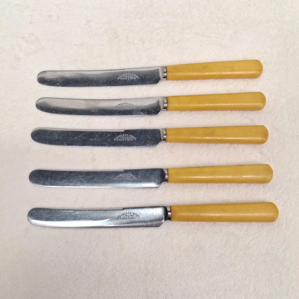 Vintage Sheffield Stainless Butter Knives Butterscotch Yellow Set of Five (2)